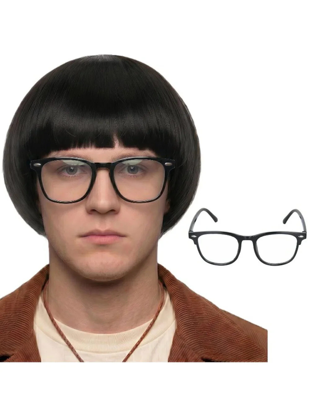 Men's Dark Black Retro Bowl Cut Straight Synthetic Mushroom Hairpiece Bangs Wig